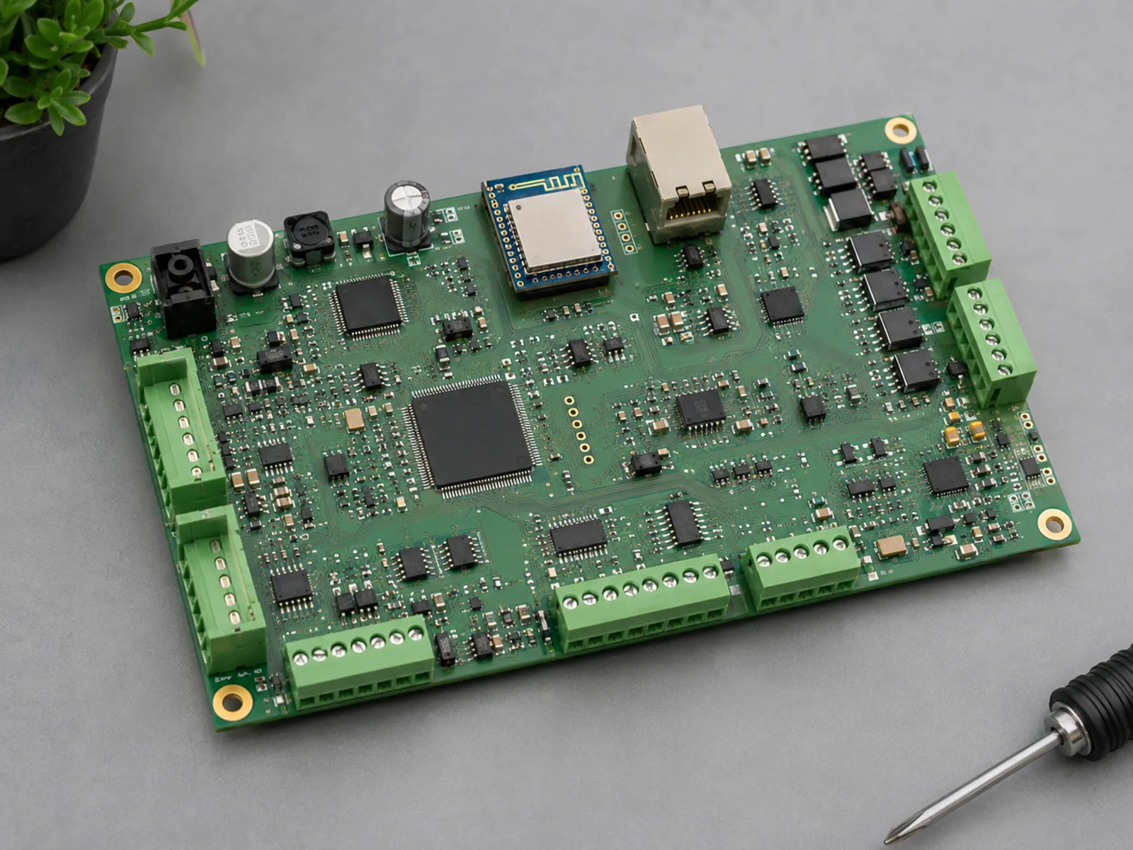 Placa electrónica de cerca, con bornes de tornillo y conector de red